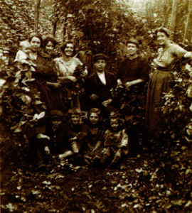 Left: Hop-picking days between the wars in Kent, with Violet Simpson’s gran to the left of the lad (an uncle) and the writer’s mother on his right.