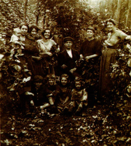 Left: Hop-picking days between the wars in Kent, with Violet Simpson’s gran to the left of the lad (an uncle) and the writer’s mother on his right.
