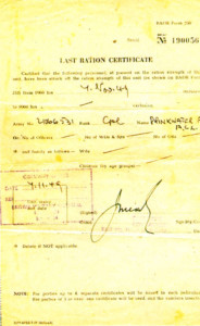 The ‘last ration certificate’ for 21066531 Cpl. Drinkwater on November 7 1949.