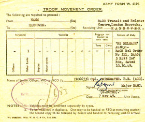 A troop movement order with instructions to proceed from Hamm to Hannover on the same date.