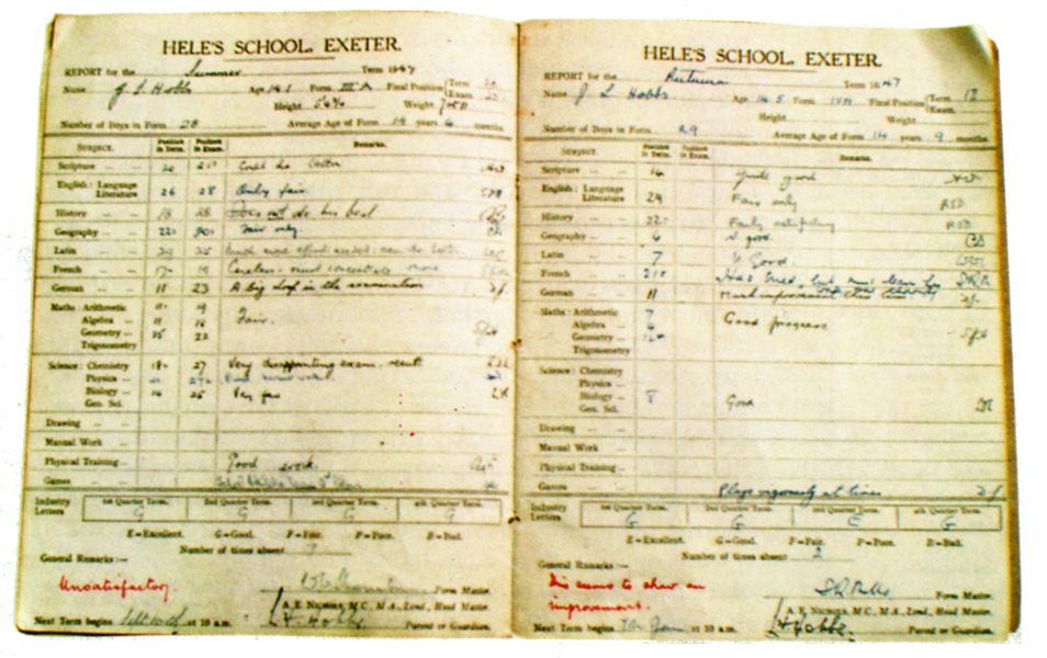 Left:John Hobbs'summer and autumn 1947 reports from Hele’s School, Exeter, with the headmaster's comments (in red) veering from a stark “Unsatisfactory” to a rather kinder “This seems to show an improvement''. Left:John Hobbs'summer and autumn 1947 reports from Hele’s School, Exeter, with the headmaster's comments (in red) veering from a stark “Unsatisfactory” to a rather kinder “This seems to show an improvement''.