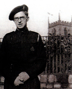 The writer, Peter Boden, near St.John’s Church, Werneth, where a memorial service was held for the Rear-Gunner whose short and mostly miserable life had been transformed.