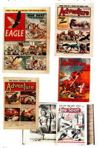 Left: Memories from the 1950s, with the first issue of Eagle, then three-pence, at the top left, sharing space in a Comic Book Postal Auctions catalogue with Adventure, Top Spot and a Father Noah’s Ark book.