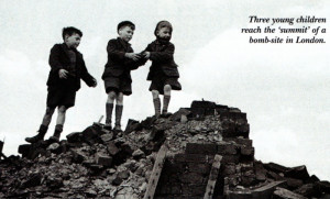 Three young children reach the 'summit' of a bomb-site in London. Photo: Hulton Getty Picture Collection