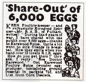 One of the syndicated classified advertisements which used to be placed in many newspapers by Karswood Poultry Spice.