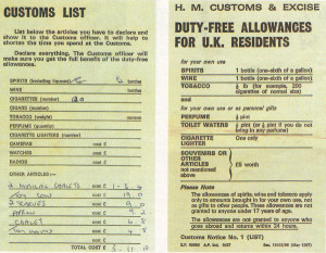 The duty-free allowance table and declaration which went along with Irene Purslow’s 1967 touring holiday of Switzerland.