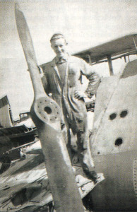 Brian Simpson holding the propeller from a Sea Walrus at Eastleigh in 1949- his overalls had rotted away with battery acid!