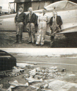 Top: The flight gang at Eastleigh Flight Shed in 1949, with Brian Simpson second from left, standing in front of a Seafire 17. Above: Vickers’ Eastleigh in 1949, with Brian Simpson standing in front of a Seafire 15. The photograph was taken from the roof of Eastleigh Flight Shed.