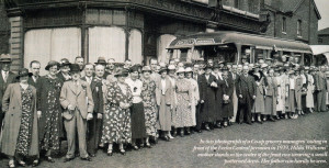 In this photograph of a Co-op grocery managers' outing in front of the Eccles Central premises in 1939, Hilda Williams' mother stands in the centre of the front row wearing a small patterned dress. Her father can hardly be seen.