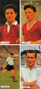 Four of the players who took part in the memorable Manchester United v. Chelsea Match in 1954 - Tommy Taylor, Roger Byrne, Duncan Edwards and Roy Bentley. The cards were from a National Spastics Society series.