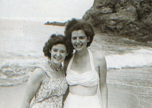 Package holiday pioneers Joan Gross and her friend Joyce enjoy the Jersey seaside 50 years ago.