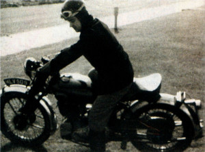Sid 1960 kick-starting his Vincent 500cc Comet, to ride off to a coffee bar