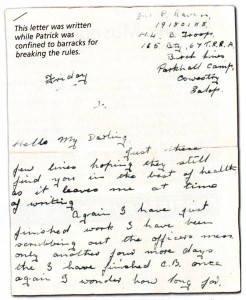 This letter was written while Patrick was confined to barracks for breaking the rules.