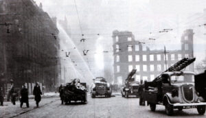 Fire fighting continued throughout the day after the night time air raids